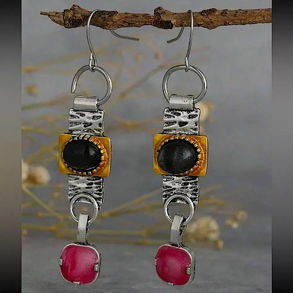 Silver Geometric Stone Boho Vintage Drop Dangle Earrings - Picture 4 of 4